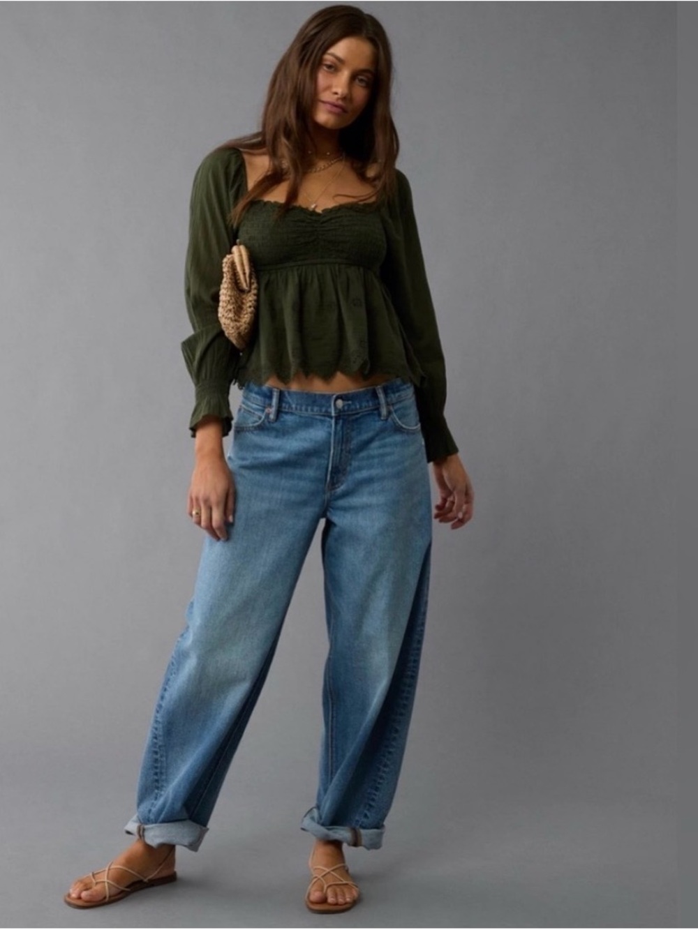 American Eagle Outfitters Olive Smocked Peplum Long-Sleeve Top - Women - Picture 2 of 12